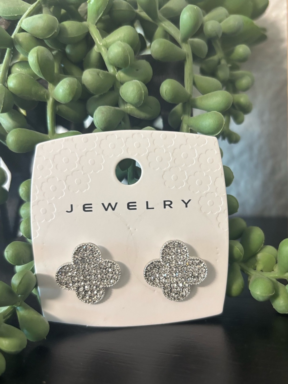 Silver Crystal Clover Stud Earrings